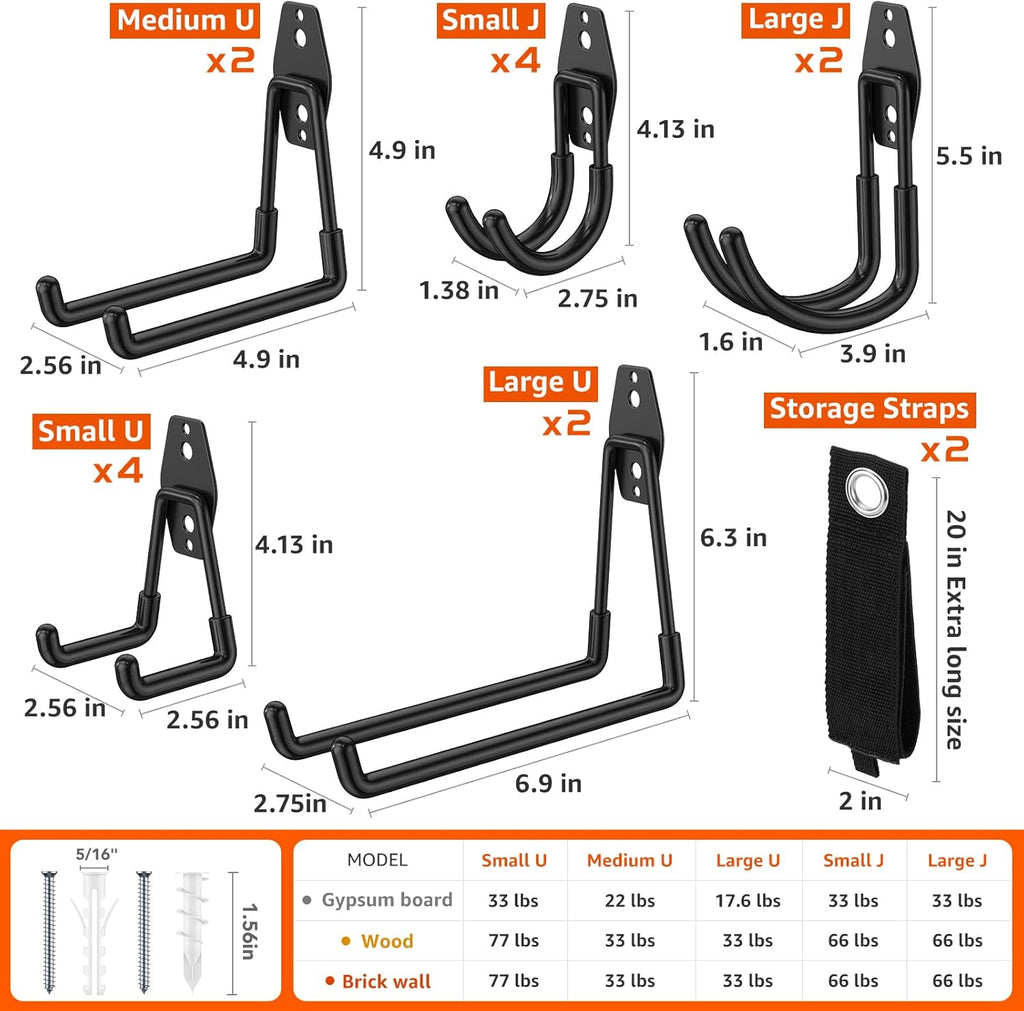 16 Pack Garage Hooks with Anti-Slip Coating Heavy Duty Wall Mount Hooks for Garage Storage and Hanging Hoses Bike Garden Tools Ropes etc