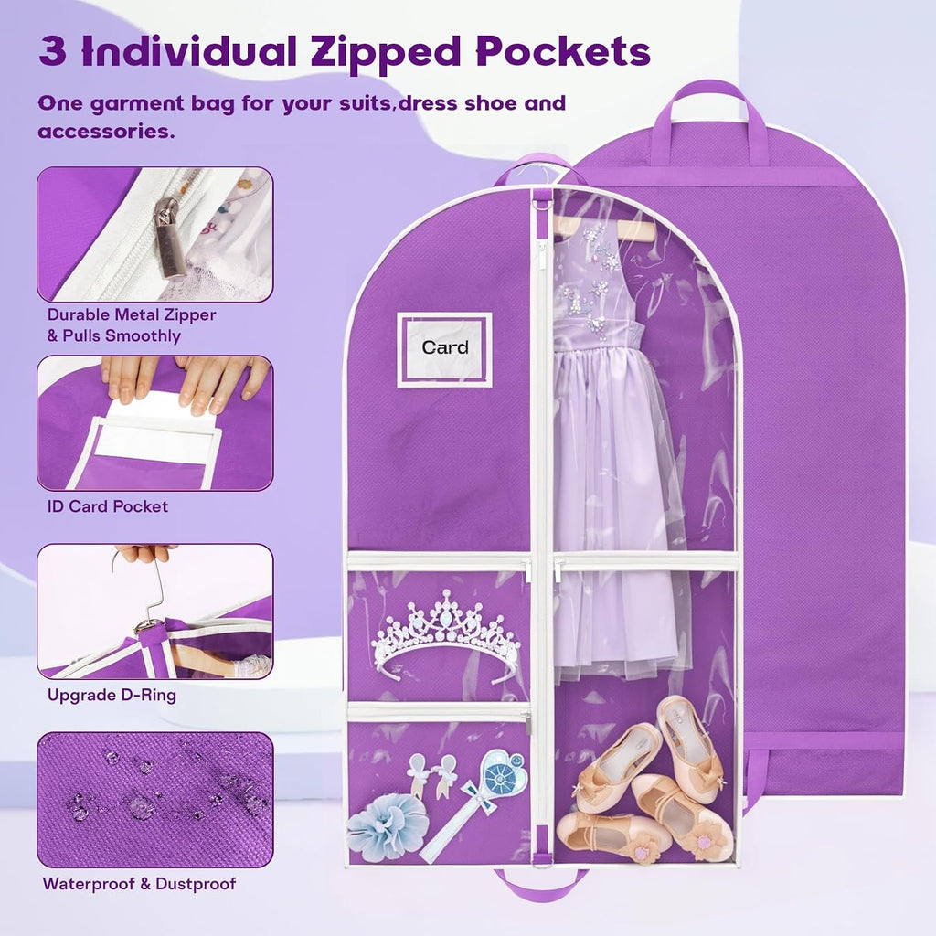 Dance Garment Bag for Hanging Clothes with 3 Zipper Clear Pockets Dance Accessories Essentials Uniform Costume 40 Inch Dress Bags for Dance Competition (Purple White, 1Pack 40")