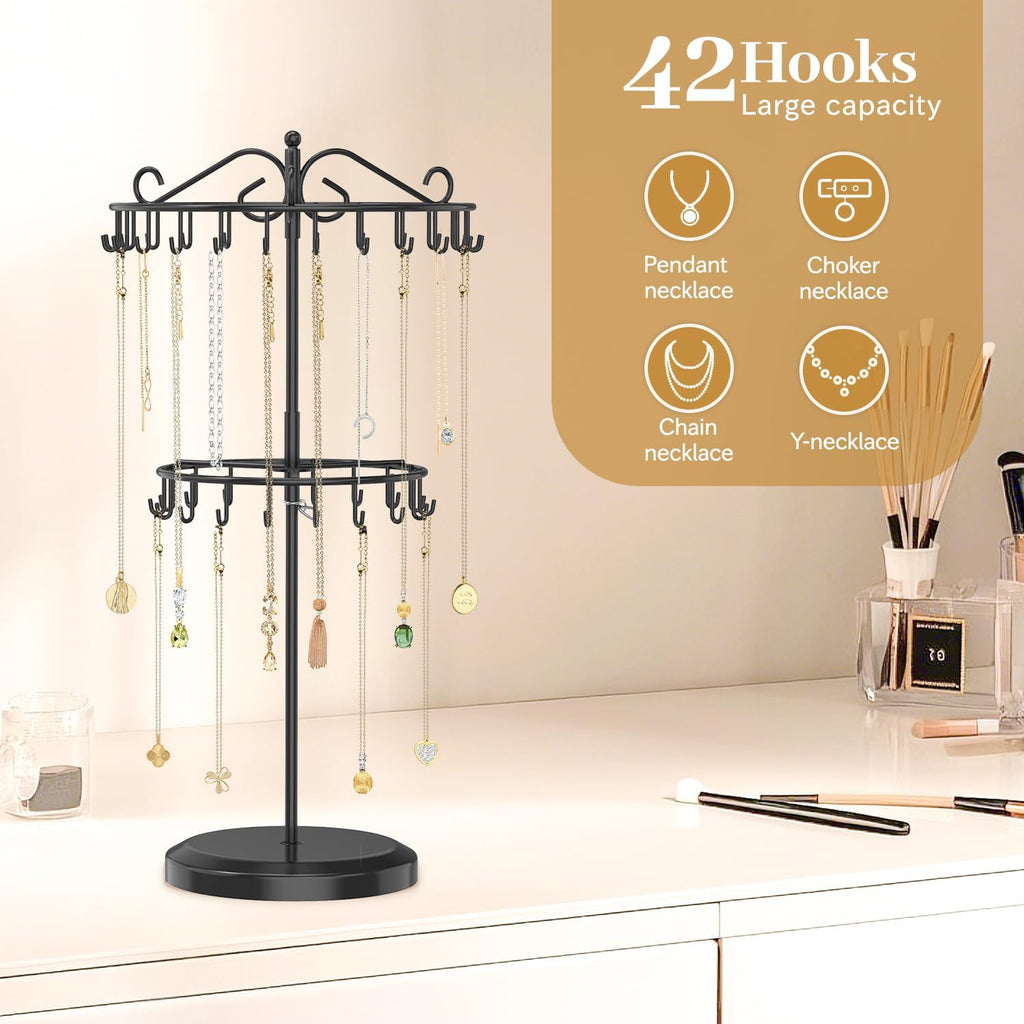 MODOWEY Rotating Necklace Holder Organizer Display Stand with 42 Hooks, 2 Tier Adjustable Metal Tree for Long Necklace Hanger Selling, Tall Spinning Bracelet Storage Rack for Men Women, Black