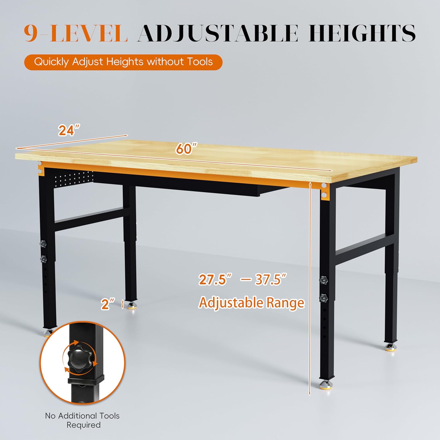 Betterhood 60" Adjustable Height Workbench, 2000 LBS Heavy Duty Work Table with Power Outlets & Pegboard, Rubber Wood Workstation for Garage, Workshop, Office, Home, Commercial