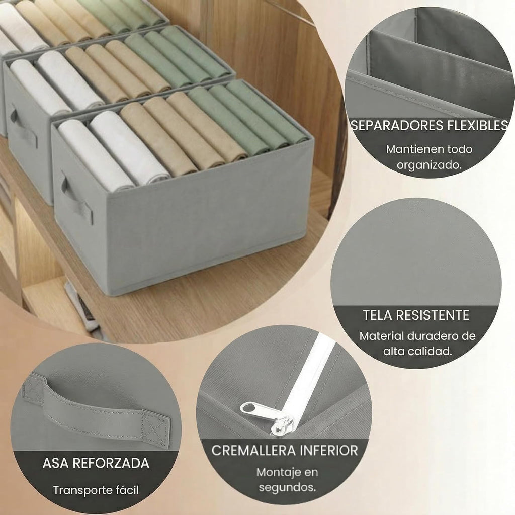 Wardrobe Organiser with Compartments for Clothes - Drawer Organiser for Wardrobe, Underwear, Socks and T-Shirts - Foldable Storage Box (3 Units - 8 Compartments - Light Grey)