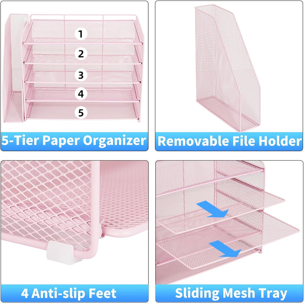 OPNICE 5-Tier Paper Organizer with Magazine Holder, Desk Organizers and Accessories, Office Desk Accessories & Workspace Organizers, Desktop File Organizer for Office Supplies Storage, Pink