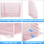 OPNICE 5-Tier Paper Organizer with Magazine Holder, Desk Organizers and Accessories, Office Desk Accessories & Workspace Organizers, Desktop File Organizer for Office Supplies Storage, Pink