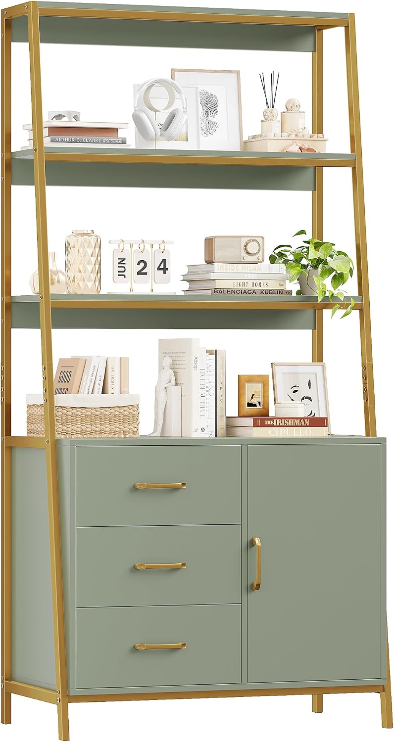 HITHOS Green Gold Bookshelf, 69" H Ladder Book Shelf with Drawers & ...
