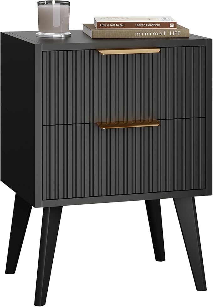 Fluted Nightstand with 2 Drawers,Modern Bedside Table with Metal Handles,Whit...