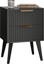 Fluted Nightstand with 2 Drawers,Modern Bedside Table with Metal Handles,White Side Table with Solid Wood Legs,Mid Century End Table for Living Room,Bedroom,Black CTG55BK