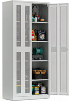 VINGLI Metal Garage Storage Cabinet with 2 Mesh Doors, Locking Steel Display Cabinet with Pegboards and 4 Adjustable Shelves, Ideal for Garage, Office, Pantry, Workshop(Gray, 32''W x 16''D x 71''H)