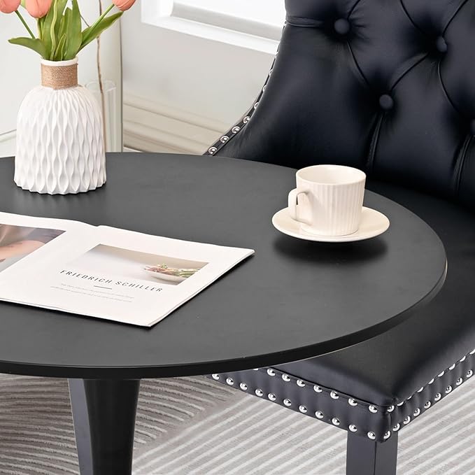 3-Pieces 31.5" Round Dining Table Set for 2, Black Dining Table & PU & Velvet Upholstered Dining Chairs Set of 2 for Kitchen Dining Room Apartment Small Space(Black & Grey Chairs)