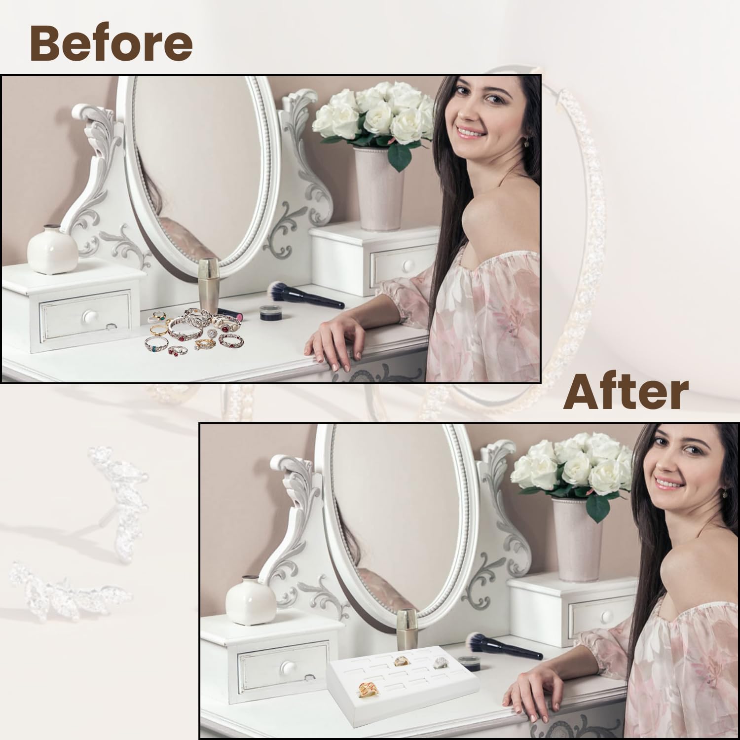 Novel Box 18-Slot White Leatherette Rings/Earrings/Cufflinks Holder Tray 8.25x4.5x1.75 Inches - Ring Holder Organizer for Selling or Personal Use - Jewelry Display Trays for Special Occasions
