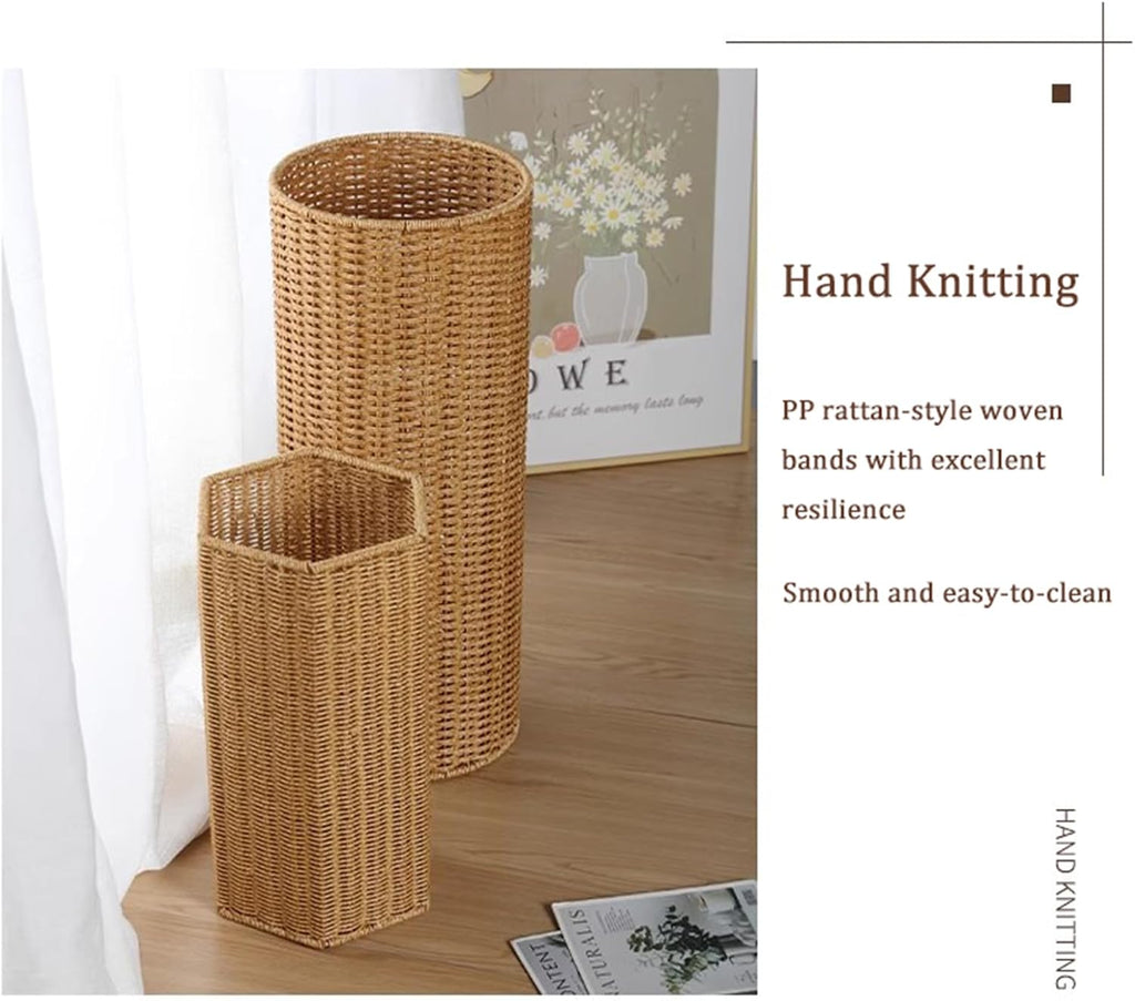Umbrella Stand with Water Catch, Storage Basket, Rattan-style Umbrella Walking Stick Yoga Mat Holder, Freestanding Woven Bucket Shelf for Entryway Hallway Doorway Home (E-19.3″H)