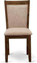 I7MZ7-50N-04 7-Pc Dining Set consists of a Pedestal Dining Table and 6 Light Tan Polyester Fabric Dining Chairs with Padded Back - Antique Walnut Finish