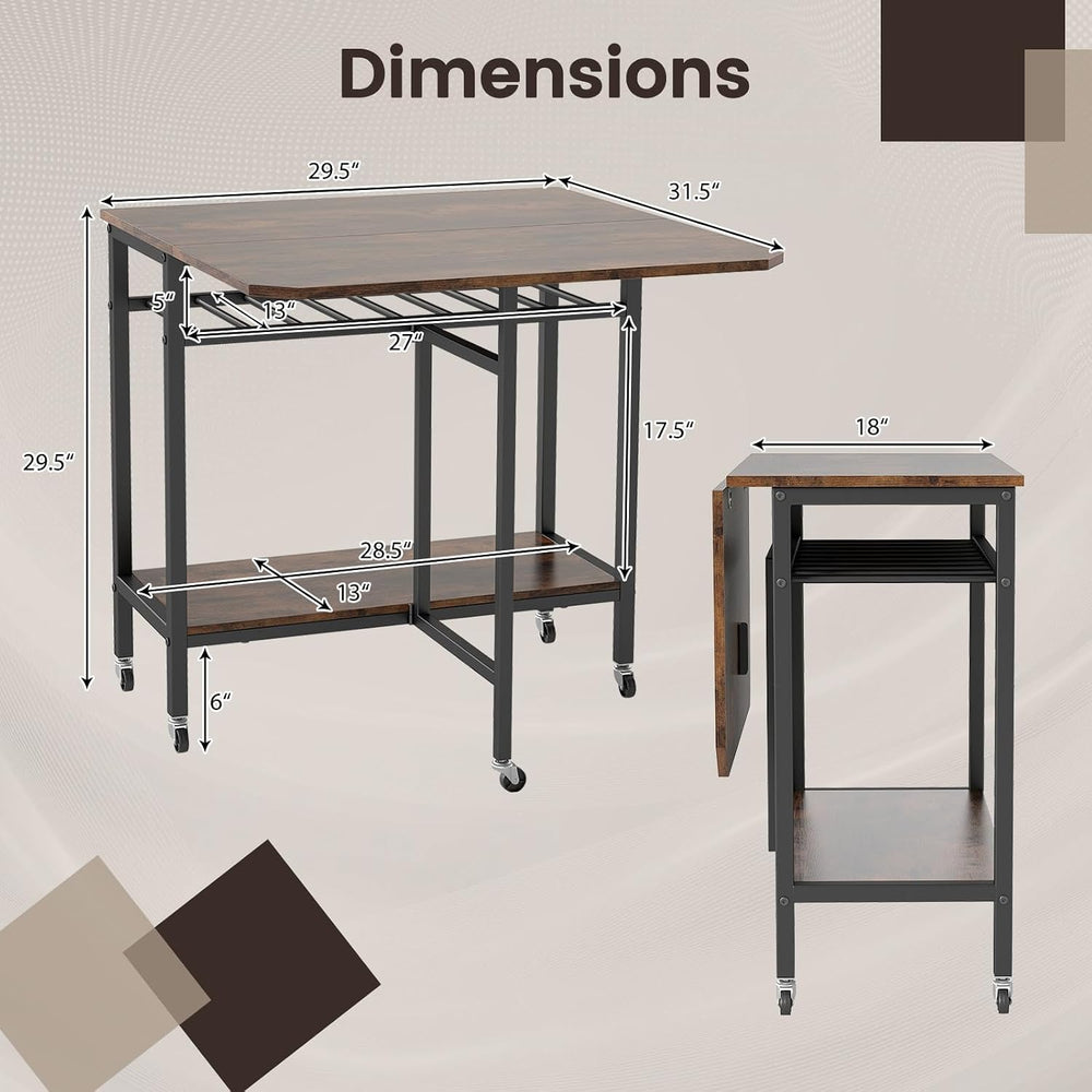 GOFLAME Folding Dining Table, Rolling Kitchen Table with Wine Rack and Storag...