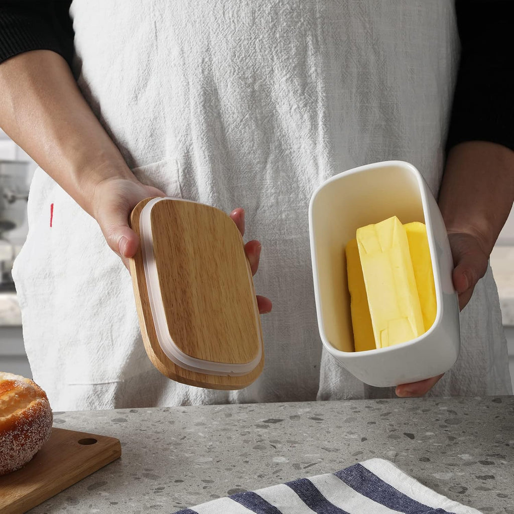 GDCZ Ceramics Butter Dish with Wooden Lid- Large Covered Butter Holder for Countertop, Butter Keeper Container Perfect for Holds 4X 4oz West/East Coast Butter, White