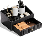 Desk Accessories,Black Vegan Leather Desk Organizers with 1 Draw & Tray,Remote Control Holder with Gold-Tone Metal Accents Knob for End Tables,Bedside Table,Bedroom