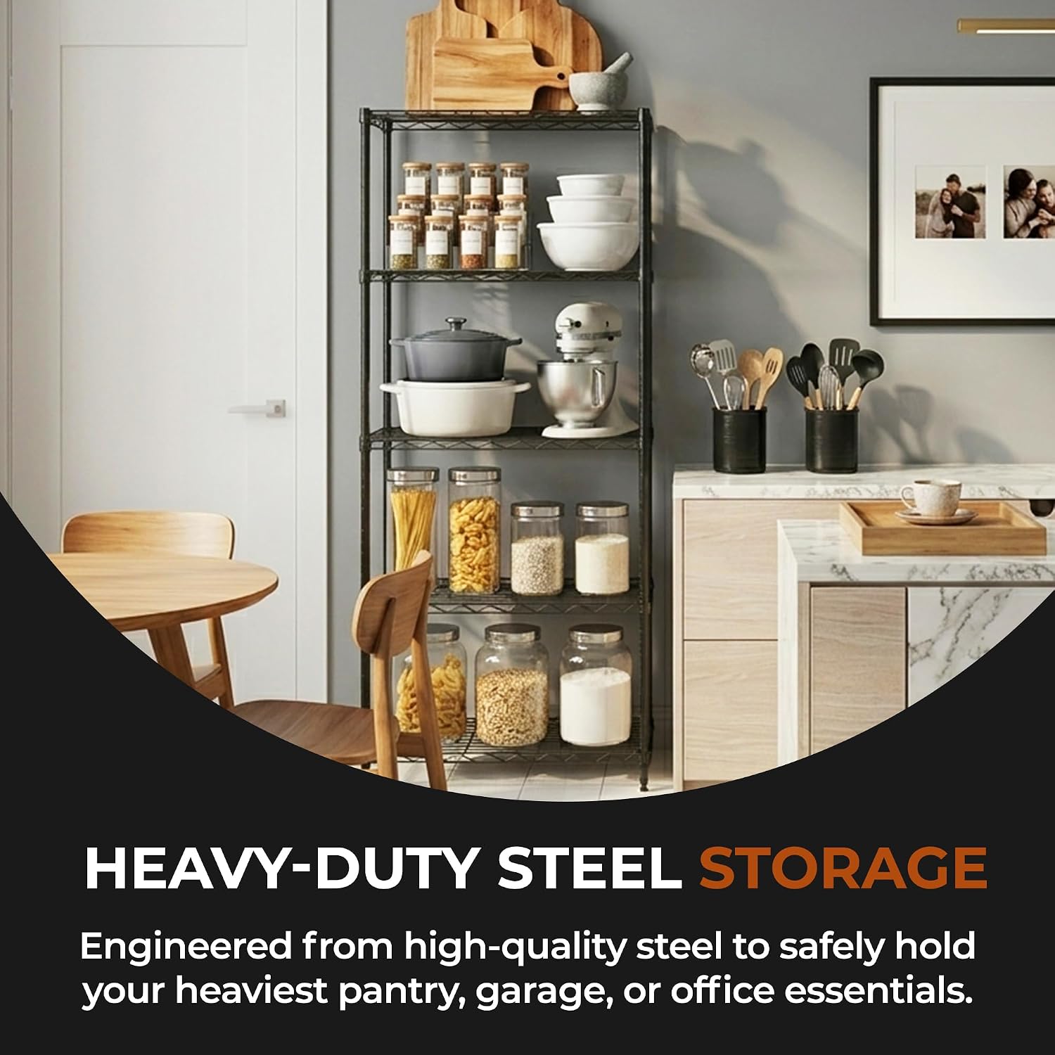 5-Tier Metal Shelf, 250 lb/Shelf, NSF, Black, 14x24x59 in | NSF certified for food-safe pantry, kitchen and commercial prep areas