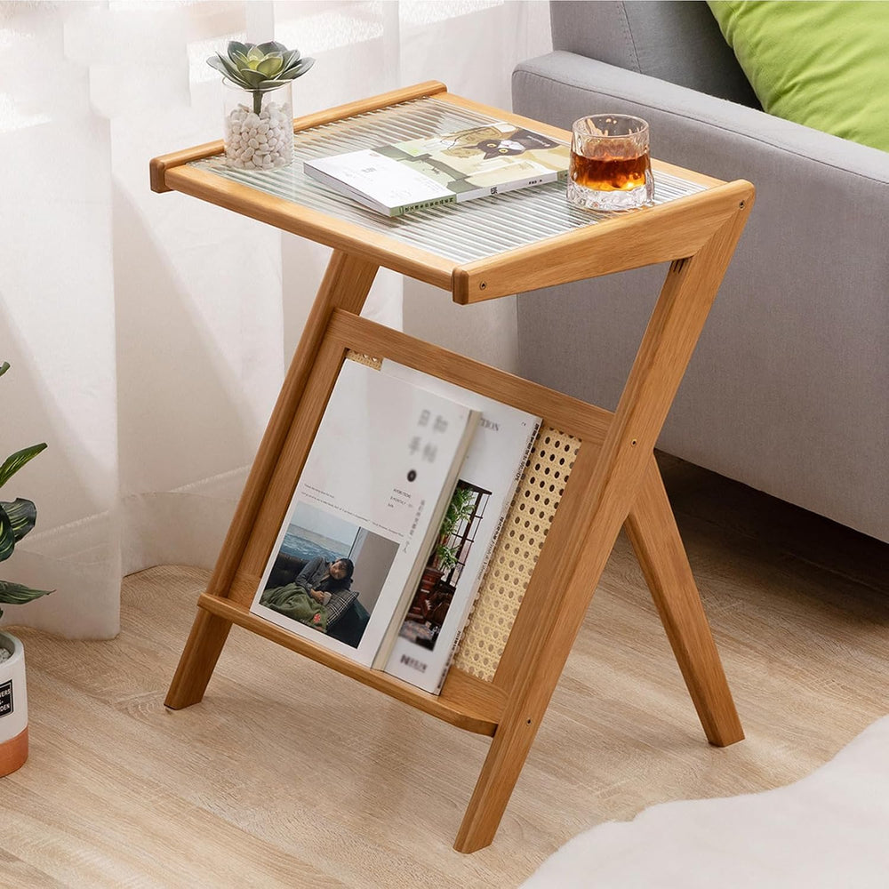 Z Shaped End Table, Wooden Coffee Tables with Storage,Boho Wooden End Table,S...