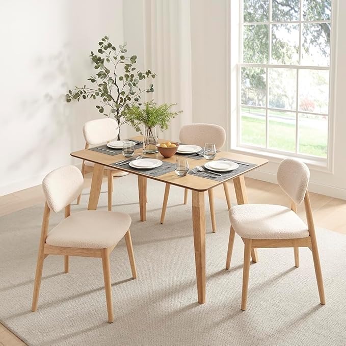 Wooden Dining Chairs Set of 2, Farmhouse Boucle Upholstered Kitchen Chairs, White