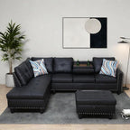 Modern Living Room Furniture Sets with Cup Holder, Modular Sectional Couches with Chaise Lounge, 4-Seaters L Shape Sofa with Storage Ottoman, for Living Room, Faux Leather, Black