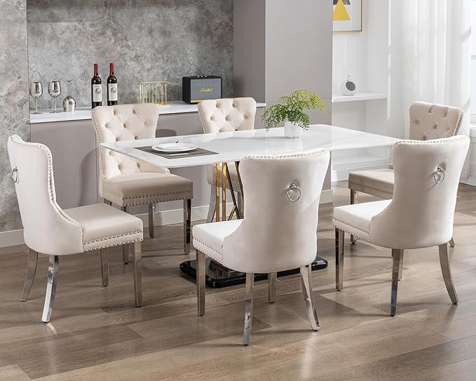 KCC Velvet Dining Chairs Set of 2, Upholstered High-end Tufted Dining Room Chair with Nailhead Back Ring Pull Trim Stainless Steel Legs, Contemporary Nikki Collection Modern Style for Kitchen, Beige