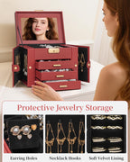 TORIBIO Jewelry Box for Women, Leather Jewelry Organizer with Mirror & Lock, 4-Tier Jewelry Storage Organizer with 3 Drawers for Girls/Women/Mothers, Necklace Earring Bracelets Holder Organizer