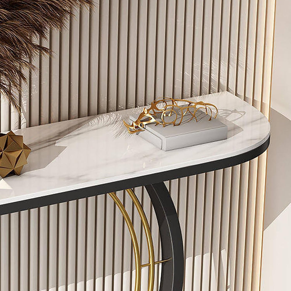 Console Sofa Table with Rock Panel, Contemporary Accent Table with Metal Fram...