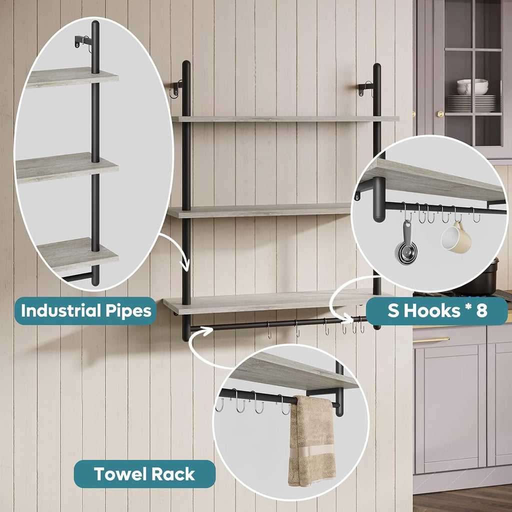 Bestier 3 Tier Industrial Pipe Shelving, Floating Book Shelves for Wall, Storage Hanging Shelves with Towel Bar for Bathroom Organizer Bedroom Kitchen Plants Office. 31.5 Inch Retro Grey