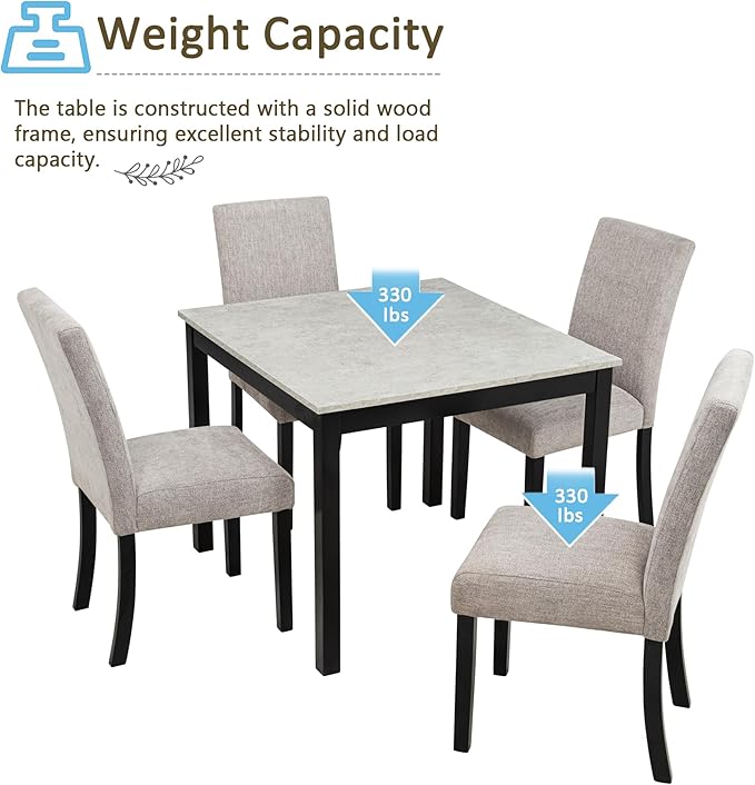 KEIKI 5-Piece Standard Height Dining Table Set with Square Table and 4 Upholstered Curved Backrset Chair, for 4 Person, Modern Wooden Table Set, Easy Assembly, for Kitchen, Dining Room, Black+Grey