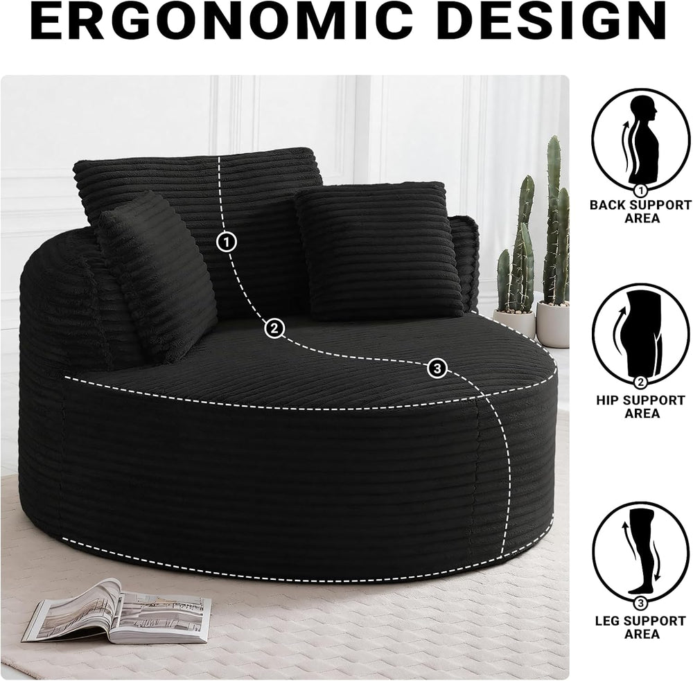 54-inch Oversized Round Chaise Longue Chair Indoor, Modern Upholstered Cordur...