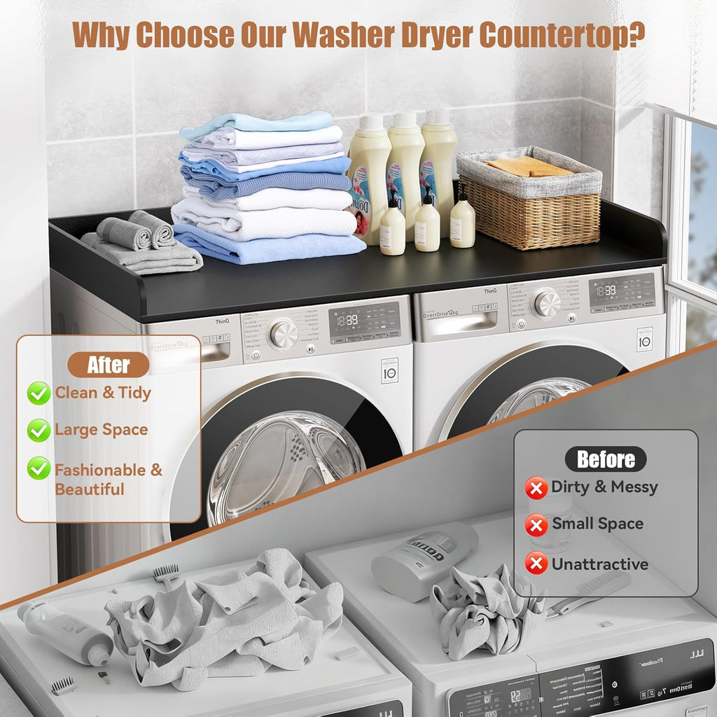 Washer Dryer Countertop, 27.5" D x 54" W Washer and Dryer Topper Covers with Edge Rails, Wood Laundry Room Countertop Shelves for Laundry Room Organization and Storage (Black)