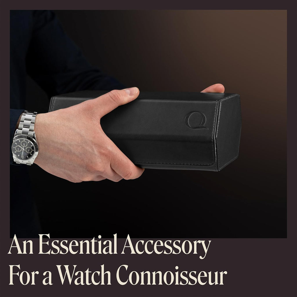 QWATCHBANDS Napa Leather Watch Case for Men - Watch Roll Storage Organizer & Watch Display - Six Slot Luxury Watch Box for Home or Travel - Mens 6 Watch Holder Case (Black Charcoal)