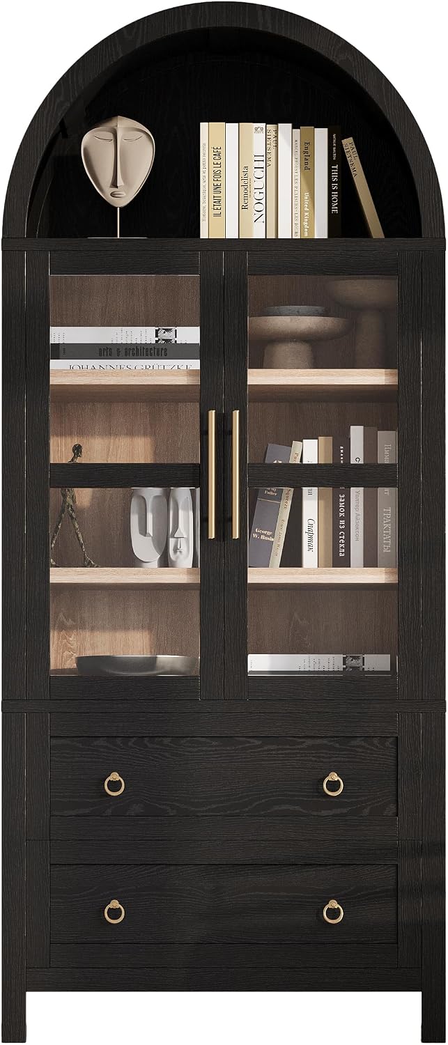 Modern Tall Arched Kitchen Pantry Cabinet with 2 Drawers, Wood Storage Cabine...