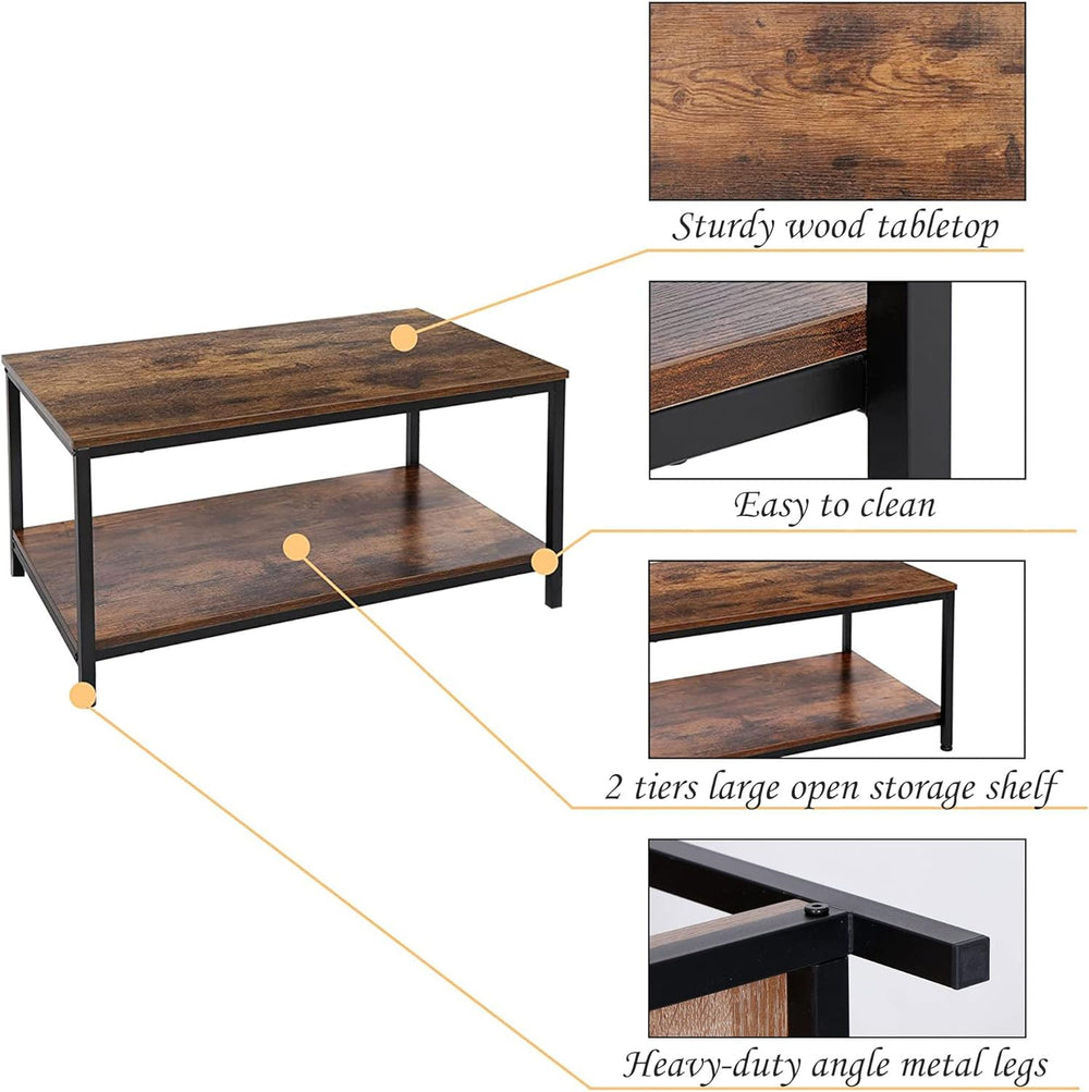 SUPER DEAL 2-Tier Industrial Coffee Table with Storage Shelf for Small Apartm...
