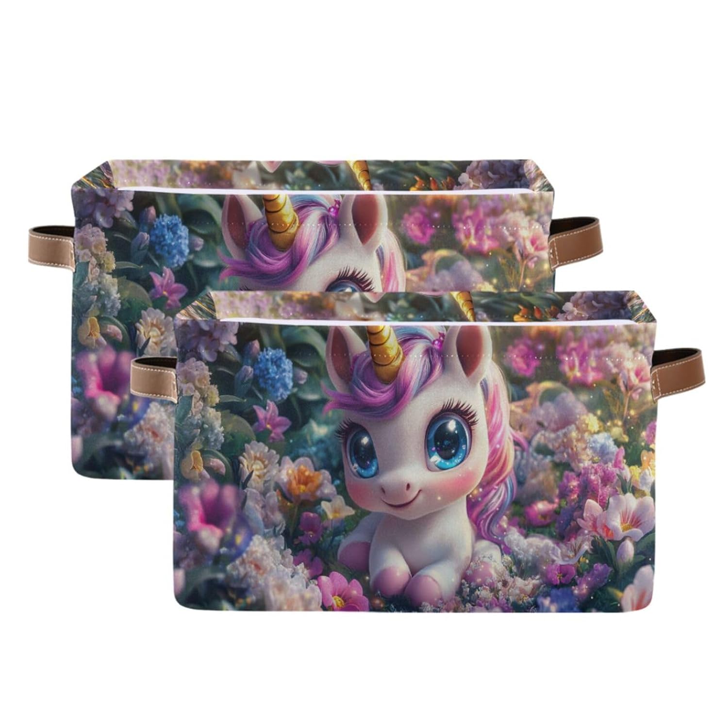 Emelivor Unicorn Flowers Garden Pink Storage Bin Collapsible with Handle Rectangle Waterproof Fall Basket for Storage Cube Closet Organizer for Nursery Office Shelf Book Bathroom