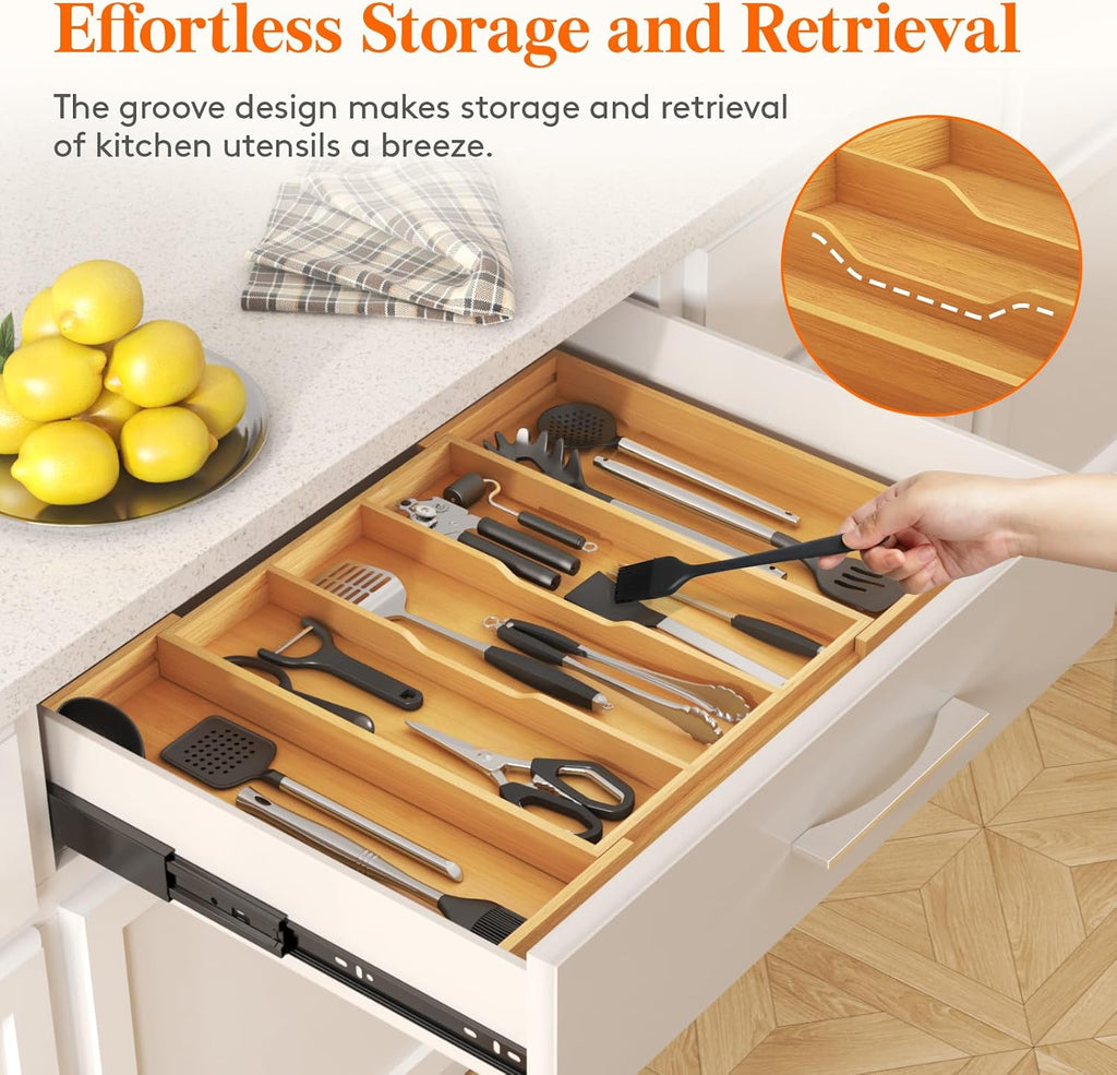 Lifewit Utensil Organizer for Kitchen Drawer, Expandable Cooking Utensil Tray, Cutlery Silverware Flatware Holder, Wood Adjustable Spatula Tools Storage Divider, 15.6-28 x 18.5, Natural