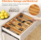 Lifewit Utensil Organizer for Kitchen Drawer, Expandable Cooking Utensil Tray, Cutlery Silverware Flatware Holder, Wood Adjustable Spatula Tools Storage Divider, 15.6-28 x 18.5, Natural