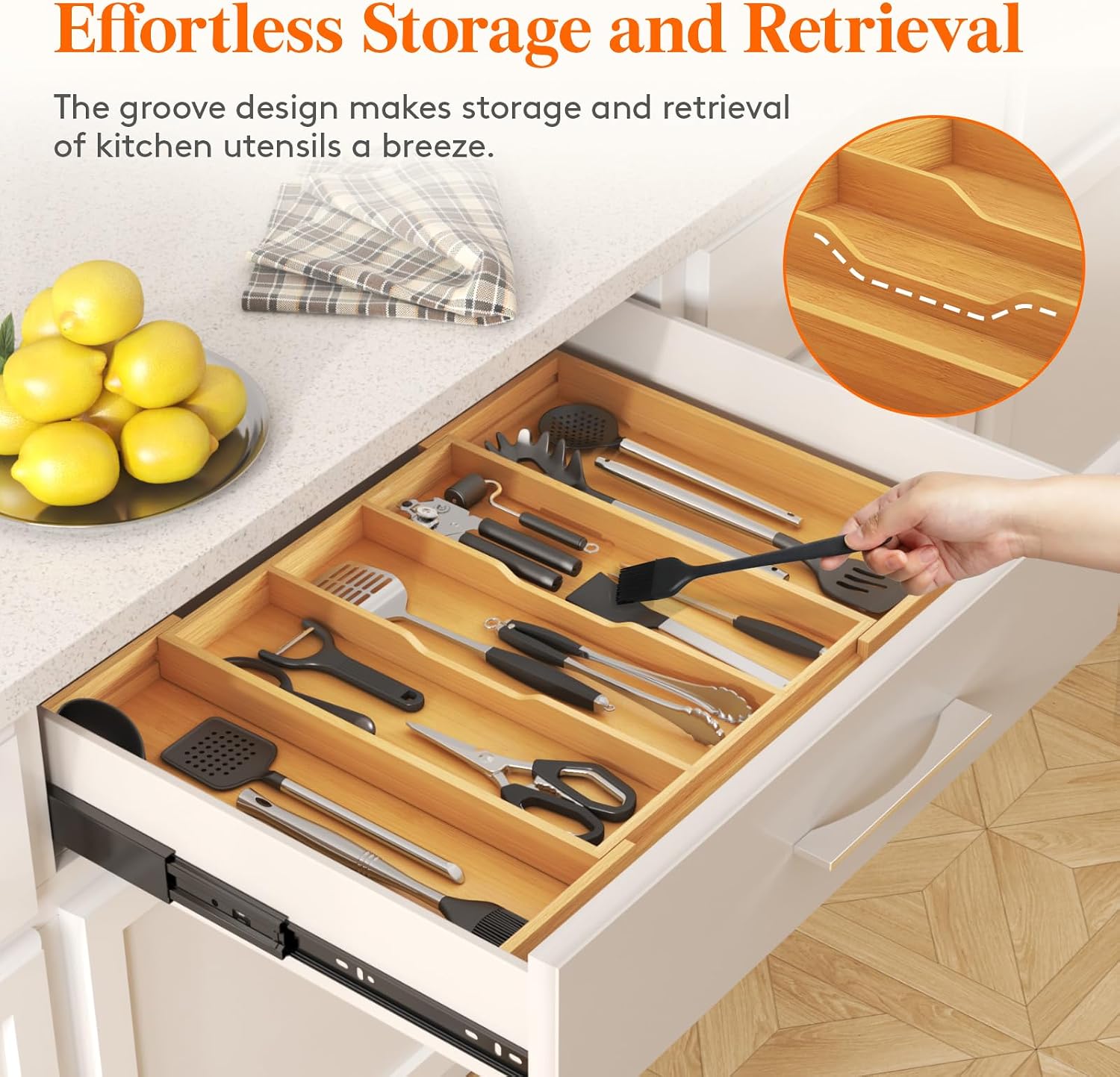 Lifewit Utensil Organizer for Kitchen Drawer, Expandable Cooking Utensil Tray, Cutlery Silverware Flatware Holder, Wood Adjustable Spatula Tools Storage Divider, 15.6-28 x 18.5, Natural