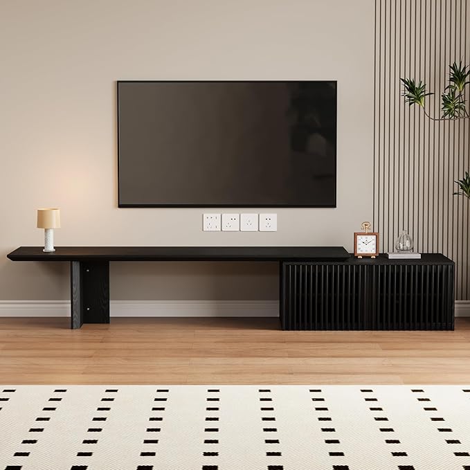 XEW Extendable TV Stand with Storage and Shelves, Wood Entertainment Center for 55+ Inch TV, Modern TV Console, Minimalist Media Console for Living Room, Bedroom-Black (Extendable: 78.7"-110")