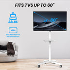 Rolling TV Stand for 23-60 Inch LCD LED Flat/Curved TVs/Screens | 2 Height Adjustable Mobile TV Floor Stand with Shelf / Locking Wheels up to 88Lbs, Tilt TV Cart Max VESA 400x400mm, White