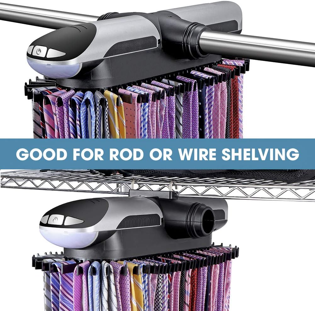 Aniva Motorized Tie Rack Closet Organizer with LED Lights Includes J Hooks for Wired Shelving Stores Up to 72 Ties & 8 Belts, Operates with Batteries