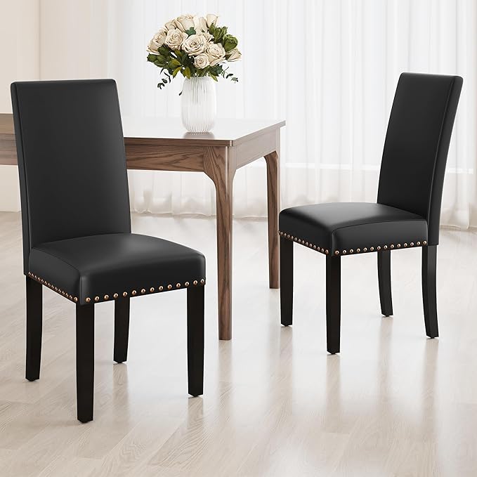 LSSBOUGHT Waterproof & Stain-Resistant Dining Chairs Set of 4, Upholstered Faux Leather Kitchen Chairs with Solid Wood Frame, 300LBS Capacity Armless Dining Room Chairs for Small Spaces, Black