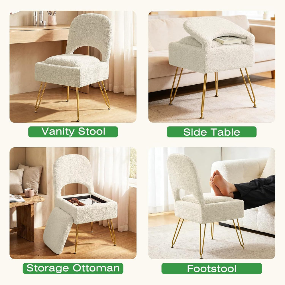 Vanity Stool with Storage & Folding Backrest, Cute White Faux Fur Makeup ...