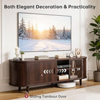 58" Mid Century Modern TV Stand, Wood TV Consoles with Sliding Doors and Power Outlet, Entertainment Center with Adjustable Shelves, Fluted TV Stands for Living Room, Walnut