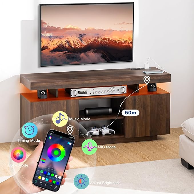 HOMMPA LED TV Stand for 55/50/43/40/32 Inch Modern Entertainment Center With Power Outlets, Gaming Consoles Storage, Media Table With LED Lights, Game Cabinet for Living Room Walnut