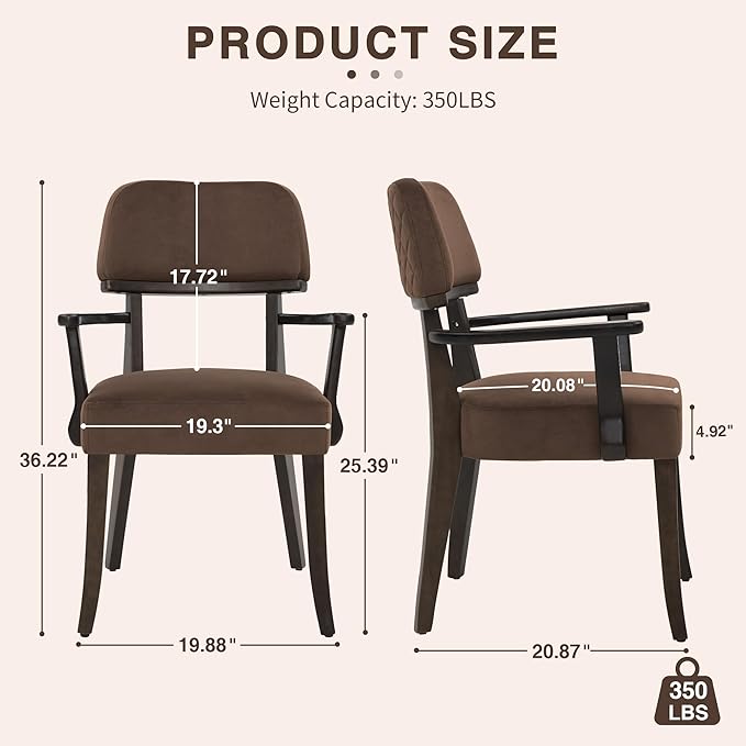 Modern Wood Dining Chairs with Arms Set of 6, Velvet Upholstered Kitchen Chairs with Open Curved Backrest & Black Hardwood Legs, Accent Chairs 350 LBS Capacity, Brown