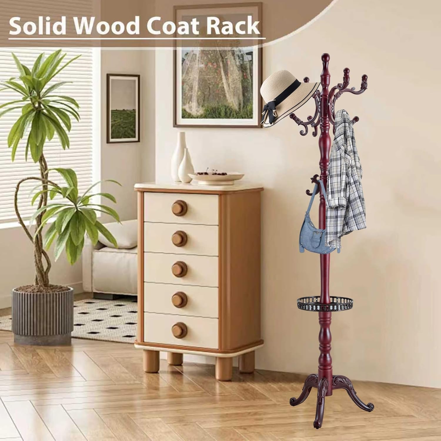 Solid Wooden Coat Rack Stand, Coat Racks Freestanding with 14 Hooks, Natural Birch Wood Coat stands with Sturdy Round Base, Tree Coat Hanger Standing for Entryway Bedroom Office（Redwood triangle2）