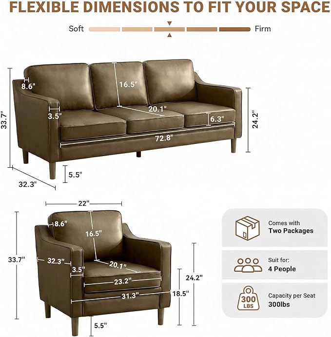 Kingfun Living Room Furniture Sets, 3 Seater Couch and Armchair, Mid Century Modern Sofa Set, Faux Leather Couch with Solid Wood Frame for Living Room & Bedroom, Olive Green