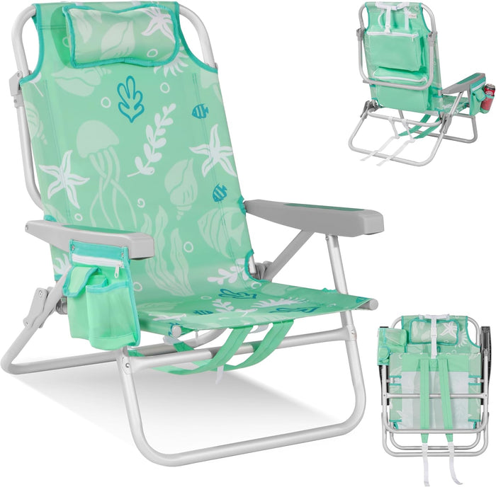 Low Beach Chairs for Adults - 5-Position Lay-Flat Backpack Chair with Large Insulated Cooler & Storage Pocket, Aluminum Frame, Portable for Travel & Outdoor, Supports 300lbs, Ocean Mint