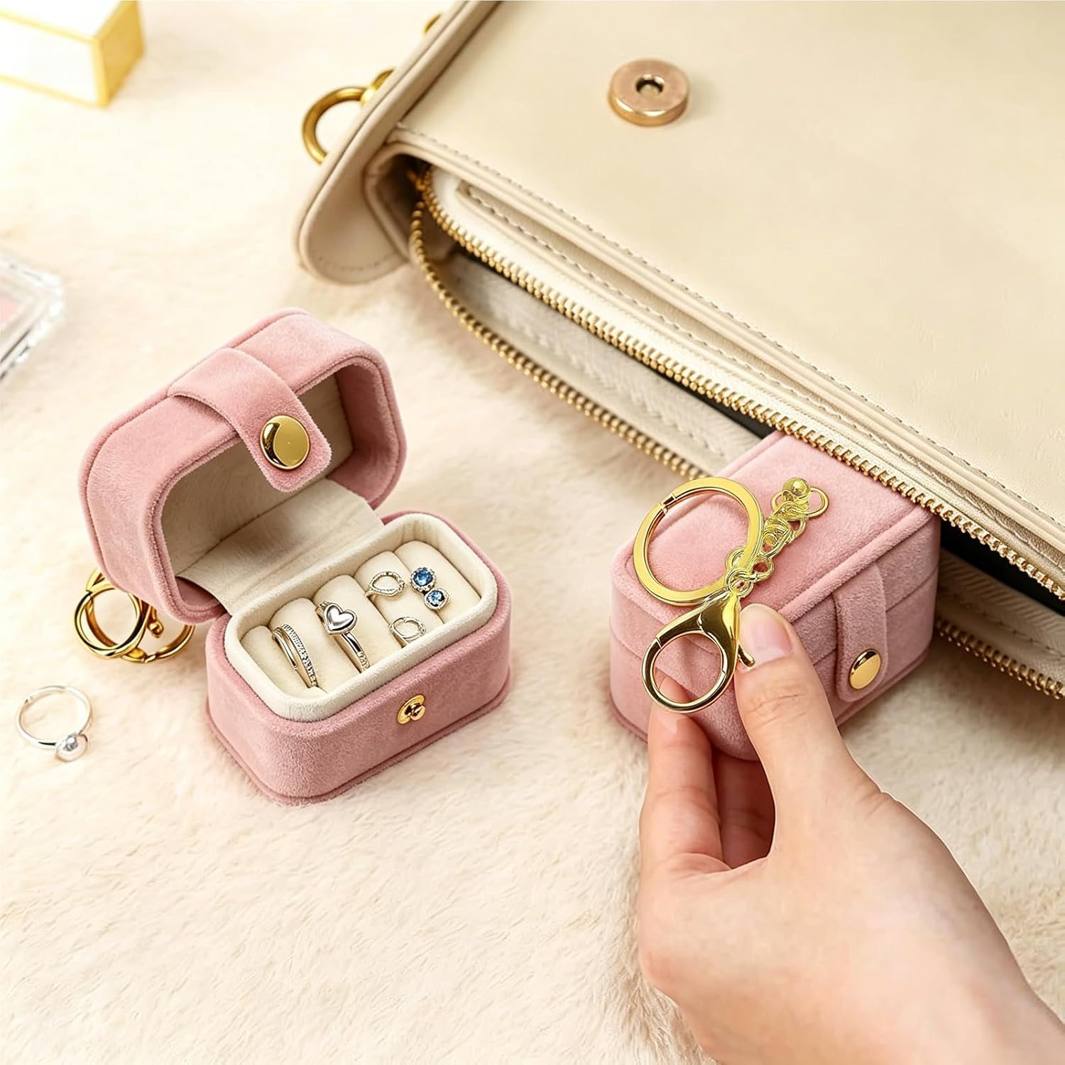 Mini Velvet Ring Box with Keychain Clip, Travel Jewelry Organizer Ring Earrings Storage Box for Proposal Engagement Wedding Ceremony Party, Pet Ring Bearer Accessory, Pink