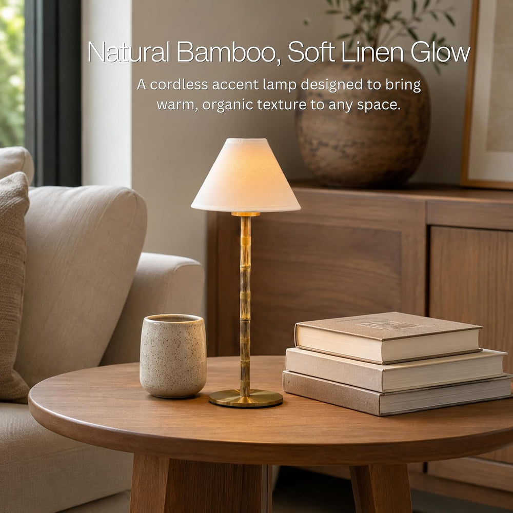 Bamboo Cordless LED Table Lamp – Rechargeable 24-Hour Battery, Dimmable Warm ...