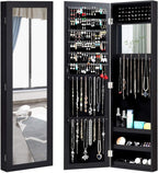 Giantex Wall Mounted Jewelry Cabinet with Full Length Mirror, Over The Door Jewelry Armoire Organizer with Large Storage, Makeup Mirror & Velvet Lining (Black)